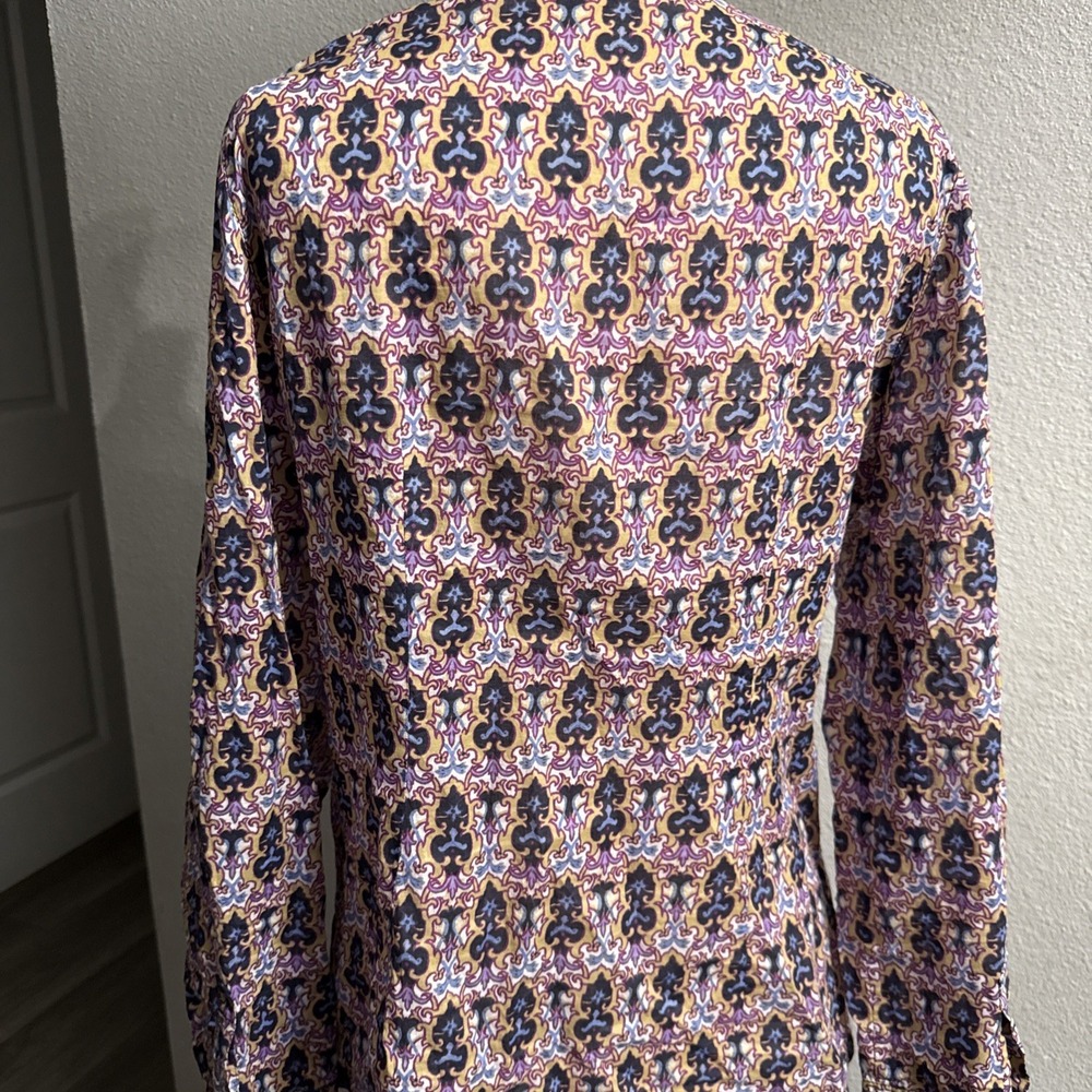 Tory Burch Cotton Demask Kaleidoscope Button Blouse Roll Tab Long Sleeve Sz 10 - Picture 7 of 11